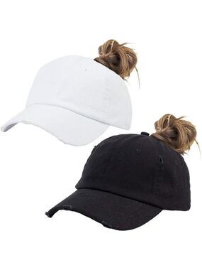 Womens Ponytail Baseball Hat Distressed Retro Adjustable Twill Sun Protection Ca